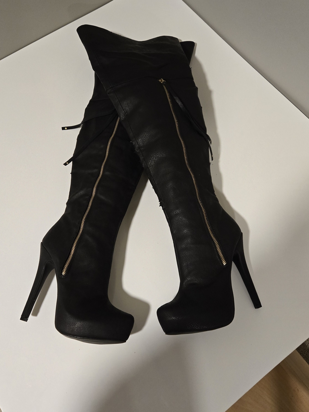 Ballantine Black Over-the-Knee Platform Stiletto Boots with Gold Zip - Picture 8 of 16